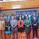 Inaugural ICPAK Fellows breakfast attendees pose for a group photo alongside ICPAK Chairperson CPA Prof. Elizabeth Kalunda (front row in red), DVC RIO Prof. Vincent Onwera (second from left), FCPA Rose Mwaura, KCAU Council member (next to DVC RIO) & DVC FPD Prof. Damiannah Kieti (far right)