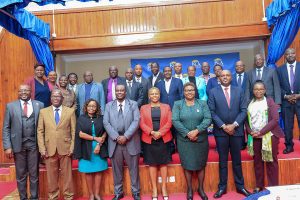 Inaugural ICPAK Fellows breakfast attendees pose for a group photo alongside ICPAK Chairperson CPA Prof. Elizabeth Kalunda (front row in red), DVC RIO Prof. Vincent Onwera (second from left), FCPA Rose Mwaura, KCAU Council member (next to DVC RIO) & DVC FPD Prof. Damiannah Kieti (far right)